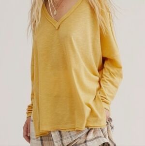 NWT Free People On My Mind Long Sleeve V-neck Tee In Camel Size Large